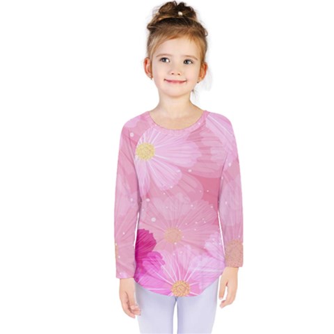 Cosmos Flower Floral Sunflower Star Pink Frame Kids  Long Sleeve Tee by Mariart