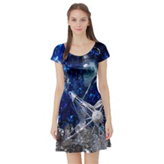 Christmas Silver Blue Star Ball Happy Kids Short Sleeve Skater Dress