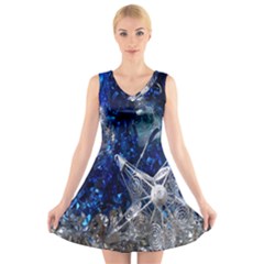 Christmas Silver Blue Star Ball Happy Kids V-Neck Sleeveless Skater Dress