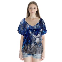 Christmas Silver Blue Star Ball Happy Kids V-Neck Flutter Sleeve Top