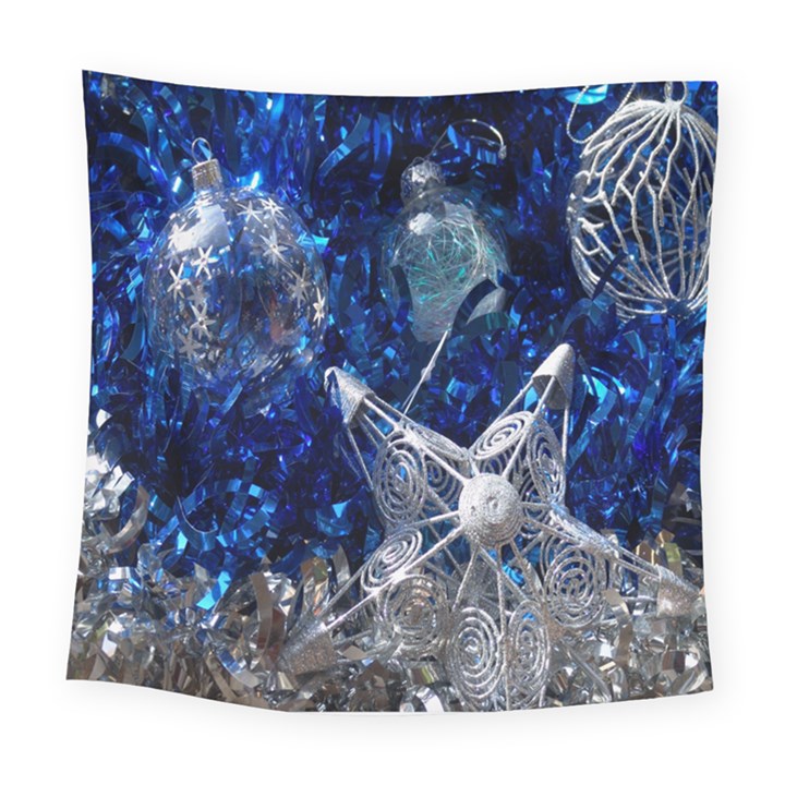 Christmas Silver Blue Star Ball Happy Kids Square Tapestry (Large)