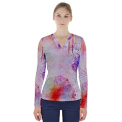 Watercolor Galaxy Purple Pattern V-neck Long Sleeve Top by paulaoliveiradesign