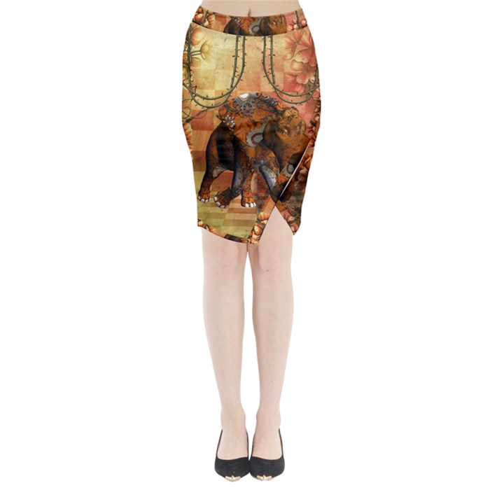 Steampunk, Steampunk Elephant With Clocks And Gears Midi Wrap Pencil Skirt