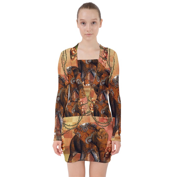 Steampunk, Steampunk Elephant With Clocks And Gears V-neck Bodycon Long Sleeve Dress