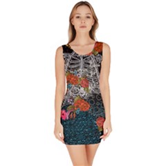 Dark Cyan Skeleton & Floral Pattern Bodycon Dress by PattyVilleDesigns