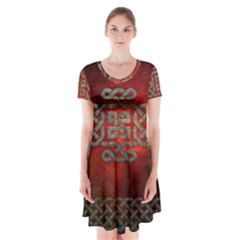 The Celtic Knot With Floral Elements Short Sleeve V-neck Flare Dress by FantasyWorld7