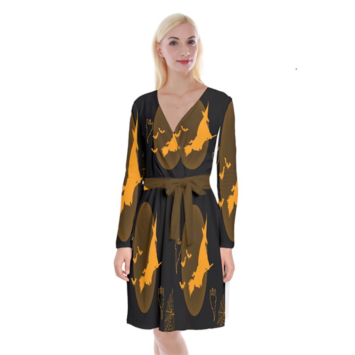 Day Hallowiin Ghost Bat Cobwebs Full Moon Spider Long Sleeve Velvet Front Wrap Dress