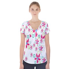 Flower Beauty Sexy Rainbow Sunflower Pink Green Blue Short Sleeve Front Detail Top by Mariart