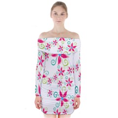 Flower Beauty Sexy Rainbow Sunflower Pink Green Blue Long Sleeve Off Shoulder Dress