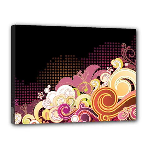 Flower Back Leaf Polka Dots Black Pink Canvas 16  X 12 