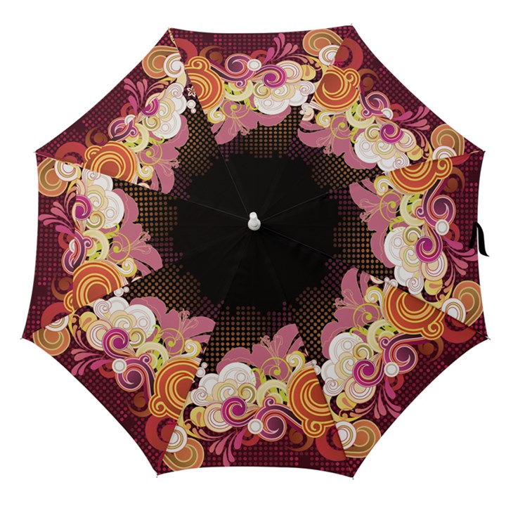 Flower Back Leaf Polka Dots Black Pink Straight Umbrellas