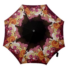 Flower Back Leaf Polka Dots Black Pink Hook Handle Umbrellas (large)