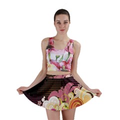 Flower Back Leaf Polka Dots Black Pink Mini Skirt