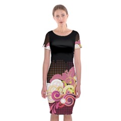 Flower Back Leaf Polka Dots Black Pink Classic Short Sleeve Midi Dress