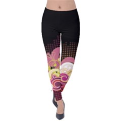 Flower Back Leaf Polka Dots Black Pink Velvet Leggings