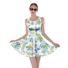 Flower Blue Butterfly Leaf Green Skater Dress by Mariart