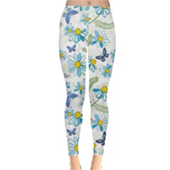 Flower Blue Butterfly Leaf Green Leggings  by Mariart