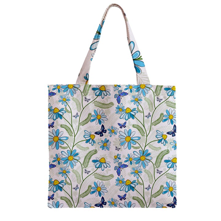 Flower Blue Butterfly Leaf Green Zipper Grocery Tote Bag