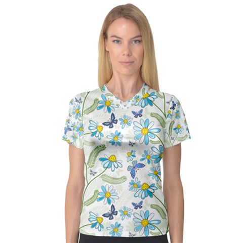 Flower Blue Butterfly Leaf Green V-neck Sport Mesh Tee by Mariart