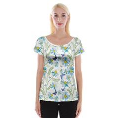 Flower Blue Butterfly Leaf Green Cap Sleeve Tops