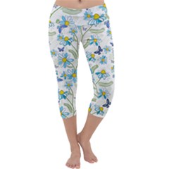 Flower Blue Butterfly Leaf Green Capri Yoga Leggings