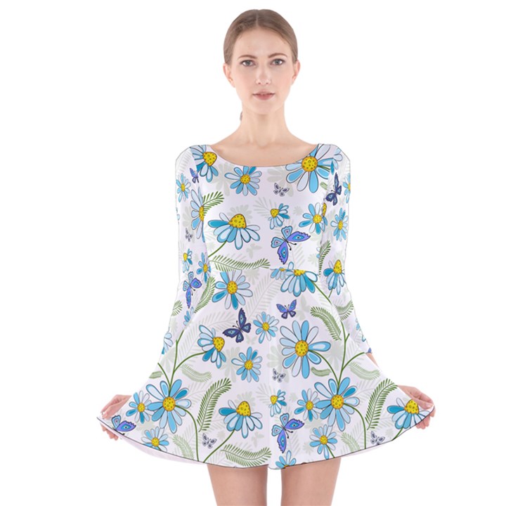 Flower Blue Butterfly Leaf Green Long Sleeve Velvet Skater Dress