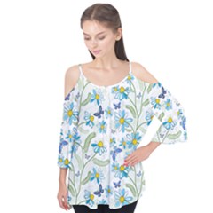 Flower Blue Butterfly Leaf Green Flutter Tees