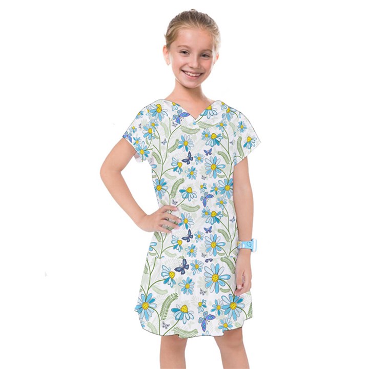 Flower Blue Butterfly Leaf Green Kids  Drop Waist Dress