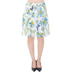 Flower Blue Butterfly Leaf Green Velvet High Waist Skirt