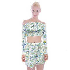 Flower Blue Butterfly Leaf Green Off Shoulder Top With Skirt Set by Mariart