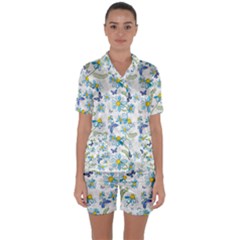 Flower Blue Butterfly Leaf Green Satin Short Sleeve Pyjamas Set by Mariart