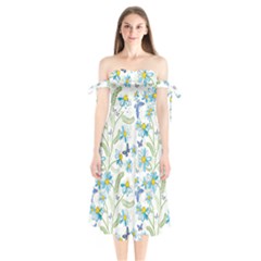 Flower Blue Butterfly Leaf Green Shoulder Tie Bardot Midi Dress