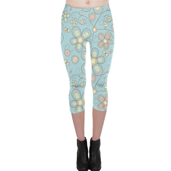 Flower Blue Butterfly Bird Yellow Floral Sexy Capri Leggings 