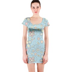 Flower Blue Butterfly Bird Yellow Floral Sexy Short Sleeve Bodycon Dress by Mariart