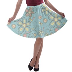 Flower Blue Butterfly Bird Yellow Floral Sexy A-line Skater Skirt by Mariart