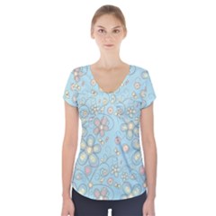 Flower Blue Butterfly Bird Yellow Floral Sexy Short Sleeve Front Detail Top