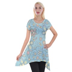 Flower Blue Butterfly Bird Yellow Floral Sexy Short Sleeve Side Drop Tunic