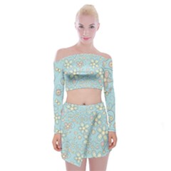 Flower Blue Butterfly Bird Yellow Floral Sexy Off Shoulder Top With Skirt Set