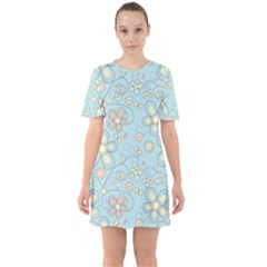 Flower Blue Butterfly Bird Yellow Floral Sexy Sixties Short Sleeve Mini Dress