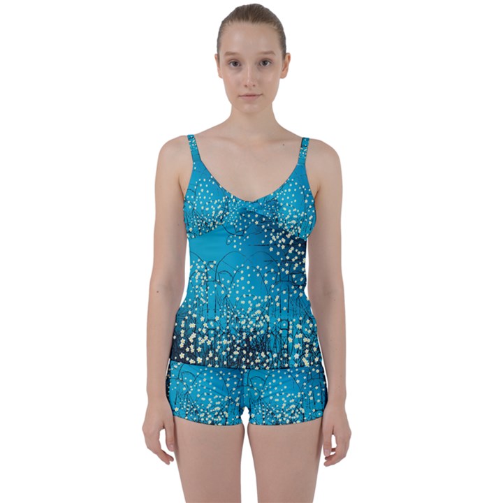 Flower Back Leaf River Blue Star Tie Front Two Piece Tankini