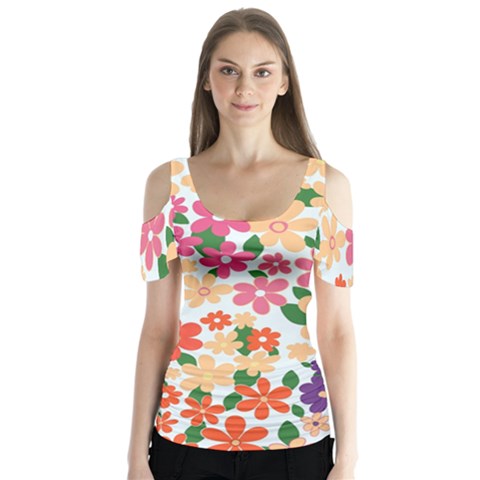 Flower Floral Rainbow Rose Butterfly Sleeve Cutout Tee  by Mariart