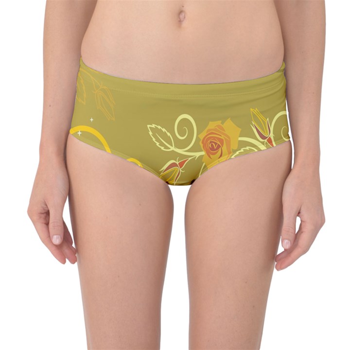 Flower Floral Yellow Sunflower Star Leaf Line Gold Mid-Waist Bikini Bottoms