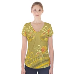 Flower Floral Yellow Sunflower Star Leaf Line Gold Short Sleeve Front Detail Top