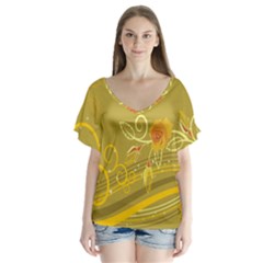 Flower Floral Yellow Sunflower Star Leaf Line Gold V-neck Flutter Sleeve Top