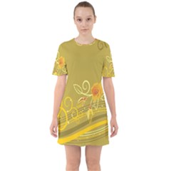 Flower Floral Yellow Sunflower Star Leaf Line Gold Sixties Short Sleeve Mini Dress