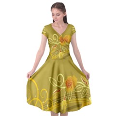 Flower Floral Yellow Sunflower Star Leaf Line Gold Cap Sleeve Wrap Front Dress