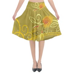 Flower Floral Yellow Sunflower Star Leaf Line Gold Flared Midi Skirt