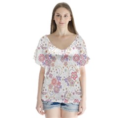 Flower Floral Sunflower Rose Purple Red Star V-neck Flutter Sleeve Top by Mariart