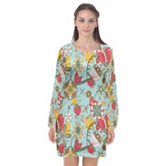 Flower Fruit Star Polka Rainbow Rose Long Sleeve Chiffon Shift Dress 