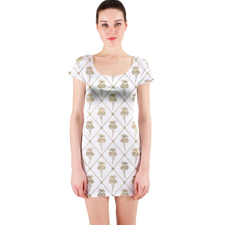 Flower Leaf Gold Short Sleeve Bodycon Dress